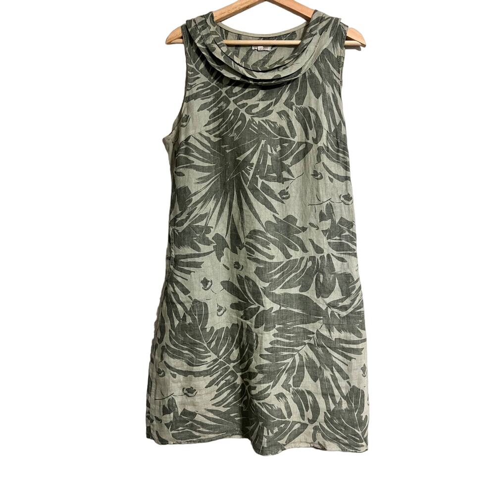 Lina Tomei Linen Tropical Leaf Print Dress Med